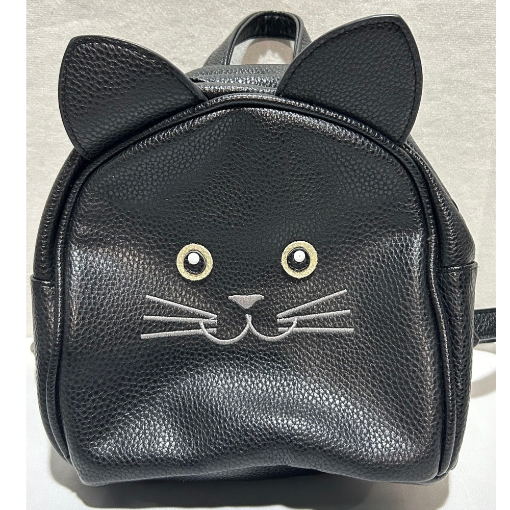Black Cat Face Backpack Faux Leather Embroidered Zip close Animal Kitten Travel